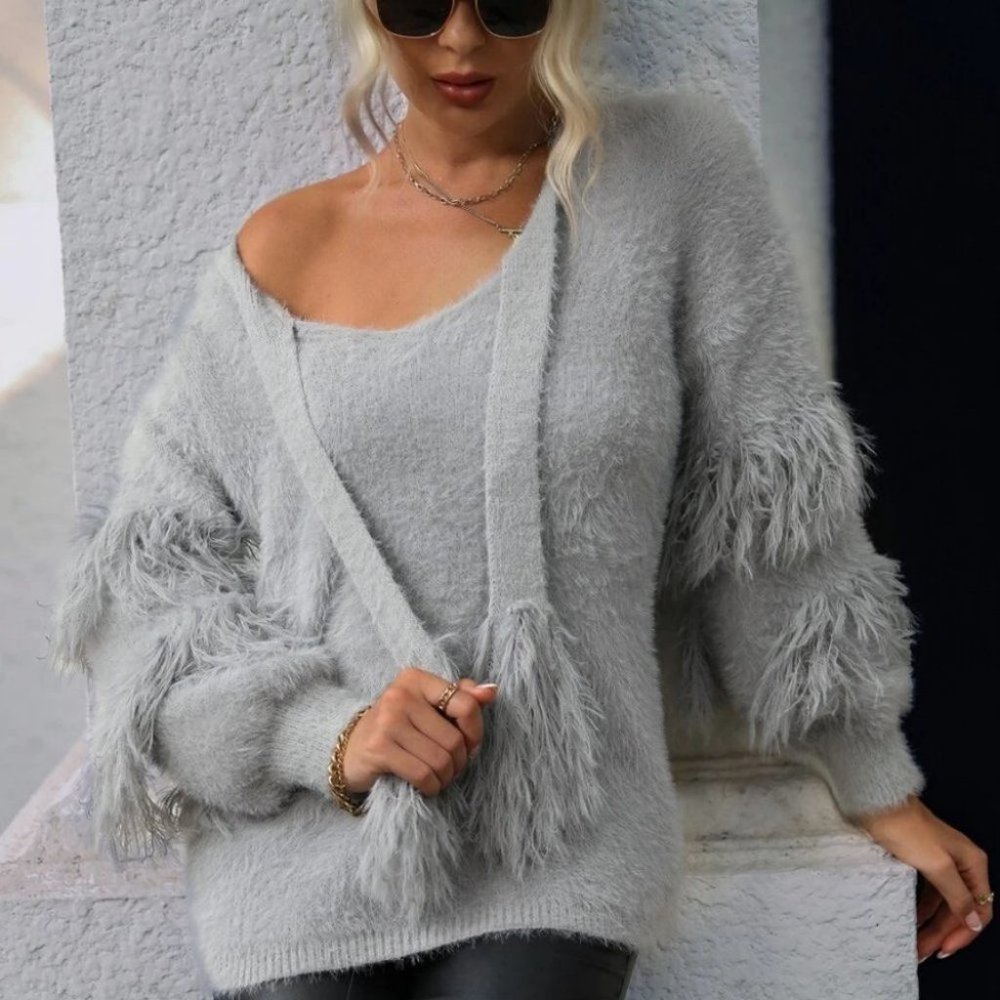 Fringe Trim soft comfy  Fuzzy Knit Sweater Top Gray - Picture 5 of 7